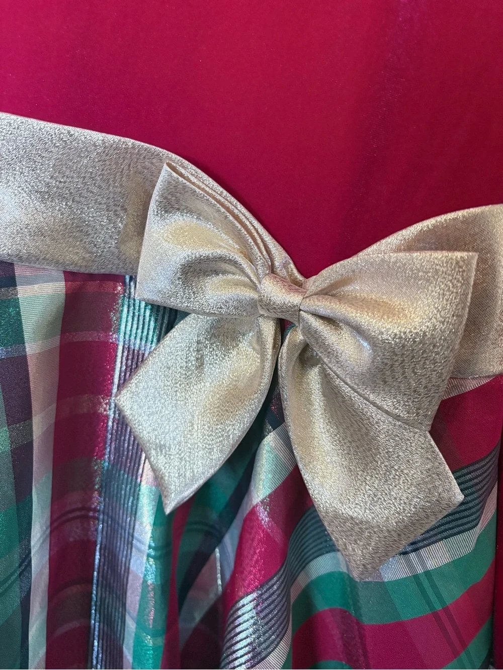 Bonnie Jean Red Velvet Top Plaid Skirt Dress with Gold Bow and bag